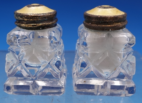 Salt and Pepper Shakers w/ yellow enamel tops & glass 1 3/4